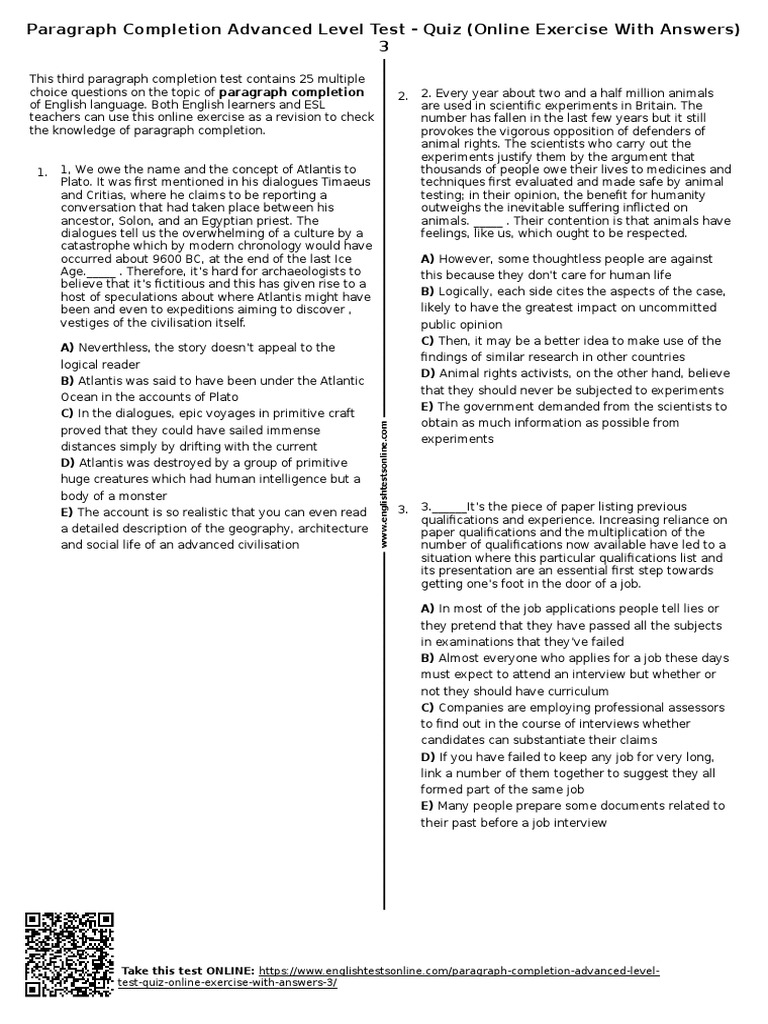 375 - Paragraph Completion Advanced Level Test Quiz Online Exercise ...