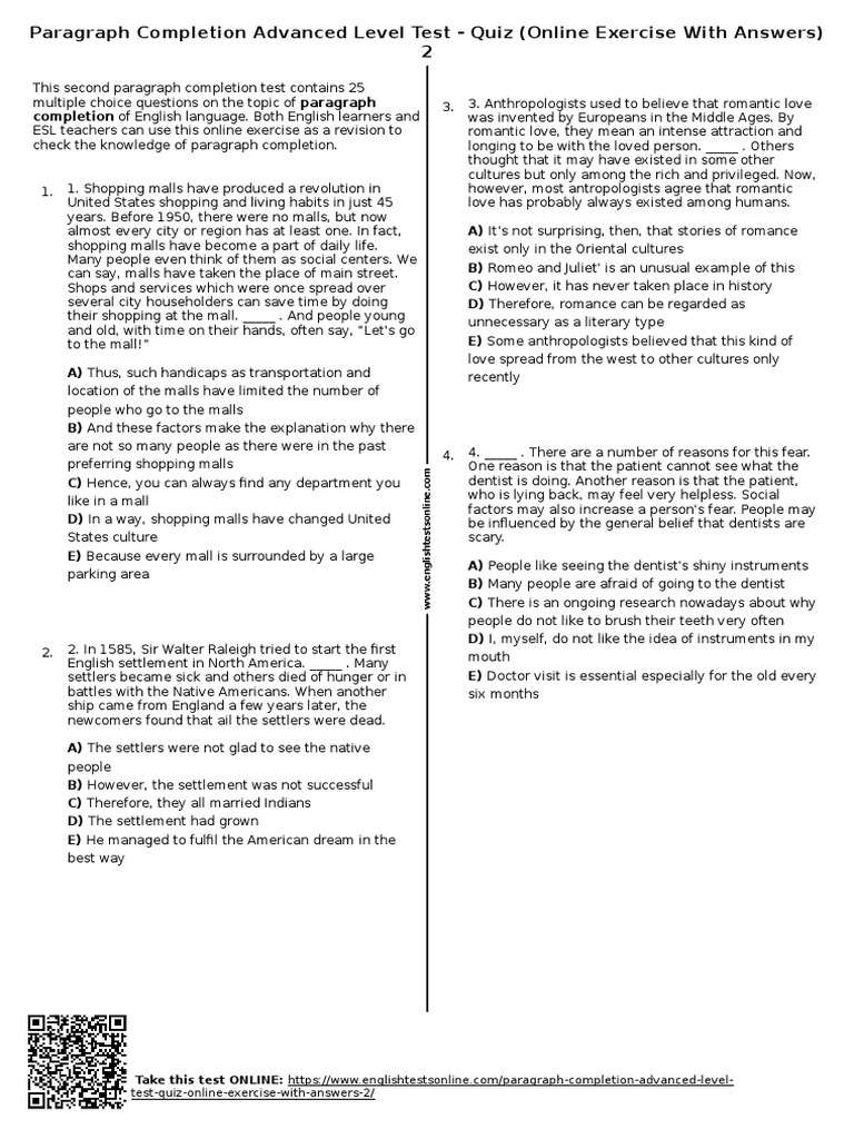 Advanced Paragraph Completion Test | PDF | Homer | Romance (Love)
