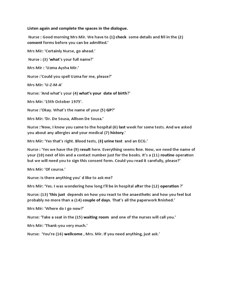 Hospital Admission Dialogue Practice | PDF | Wellness | Science ...