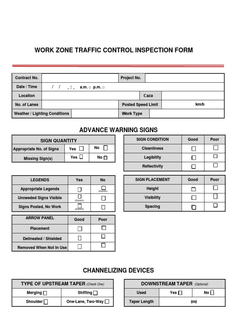 Work Zone Traffic Control Inspection Form | PDF | Traffic | Sidewalk