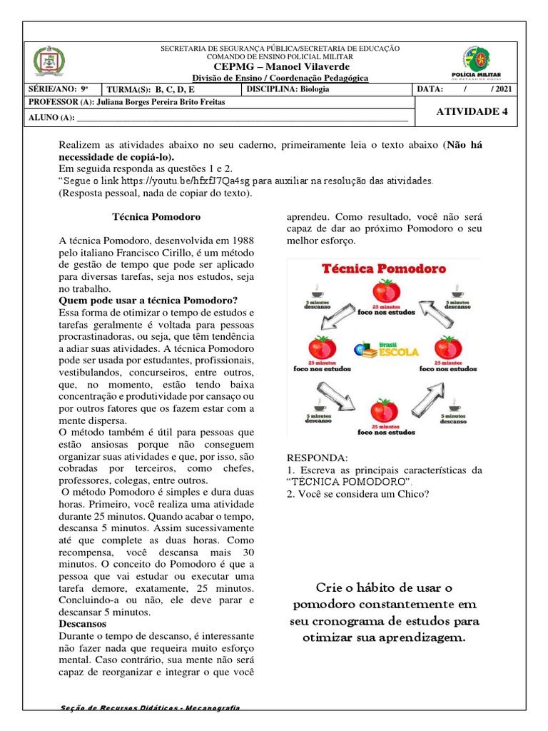 Estudo Orientado 9 Ano Atividade 4 | PDF | Tempo | Método científico