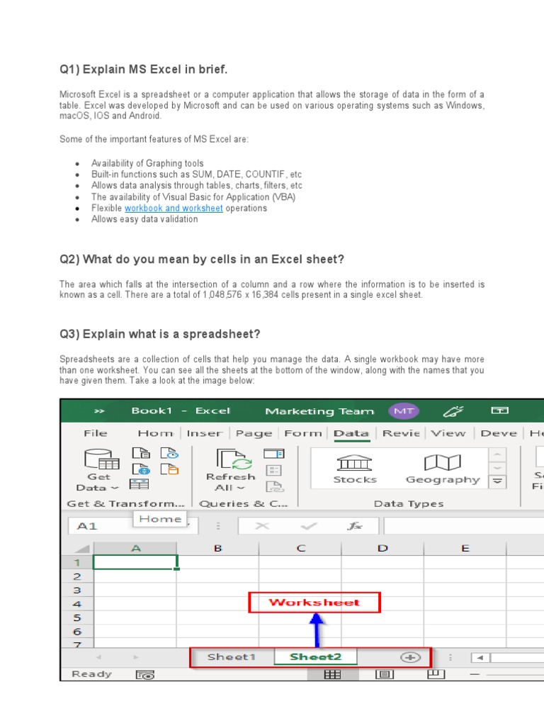 Q1) Explain MS Excel in Brief.: Workbook and Worksheet | PDF ...