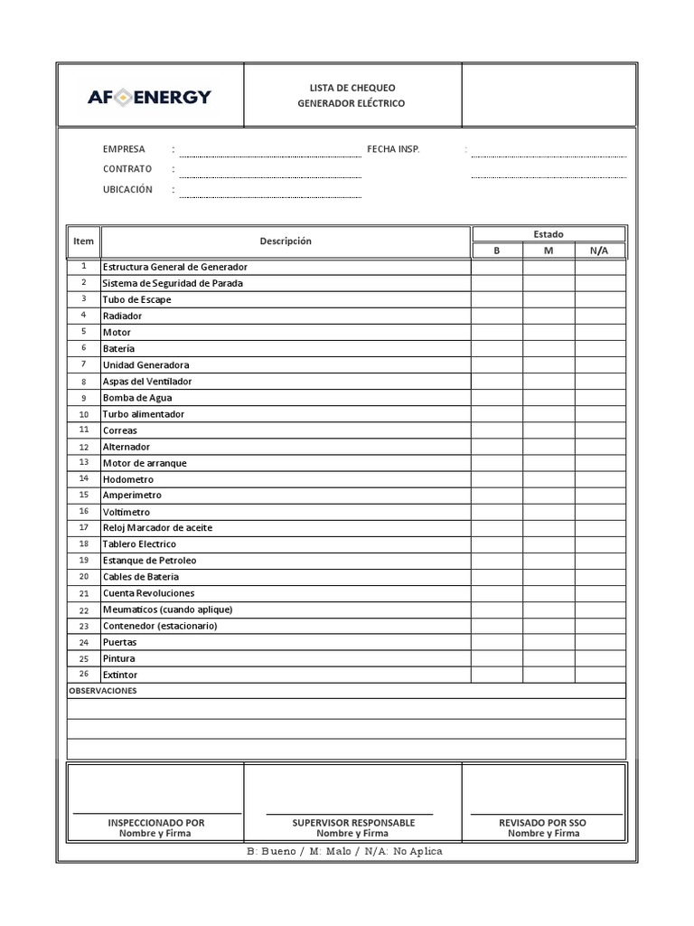 Check List Generador Electrico | PDF