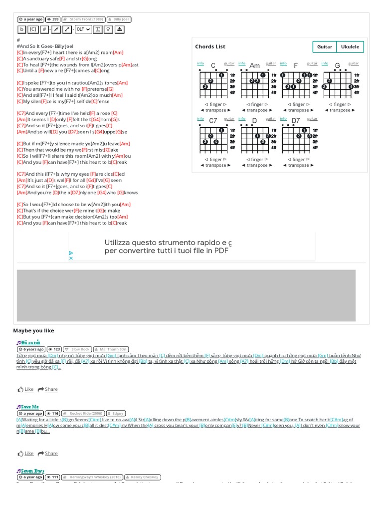 Chord - and So It Goes - Billy Joel - Tab, Song Lyric, Sheet, Guitar ...