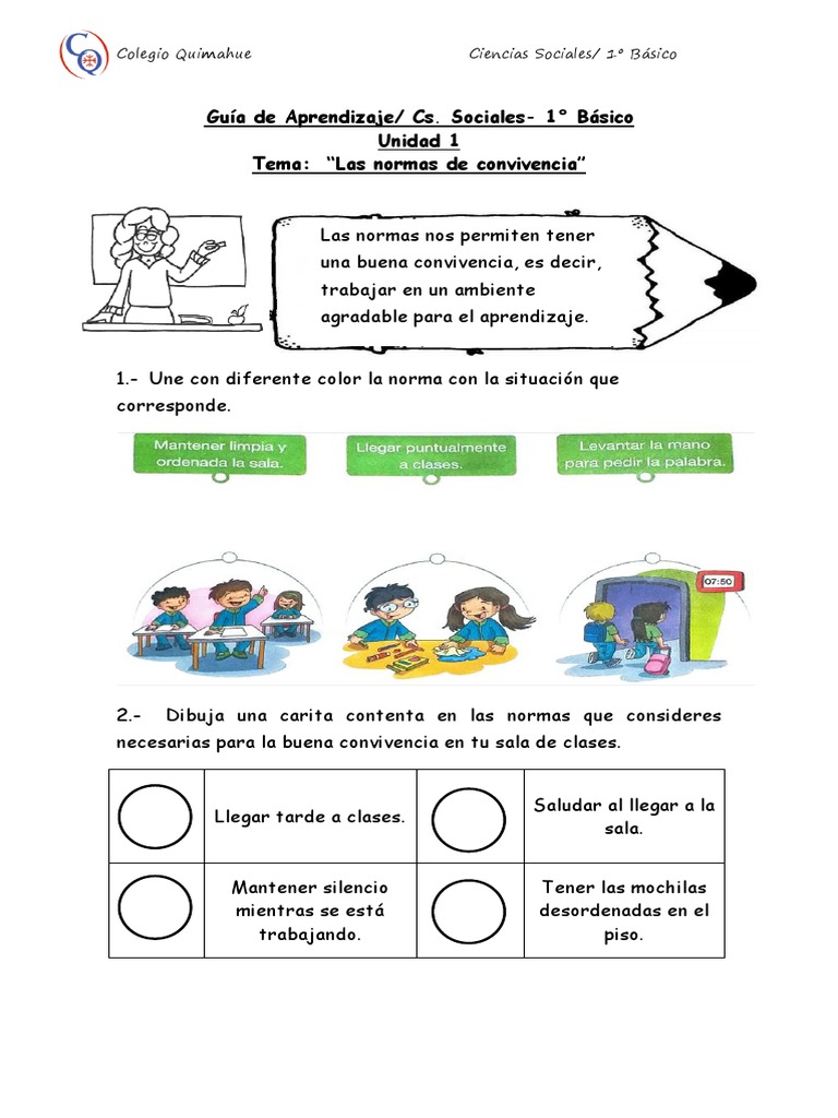 Guía de Aprendizaje Las Normas de Convivencia 1° Basico | PDF