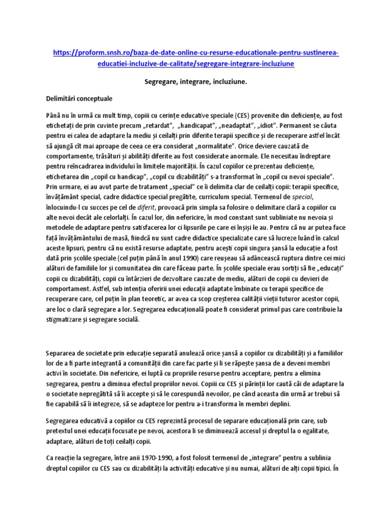 Segregare, Integrare, Incluziune. | PDF