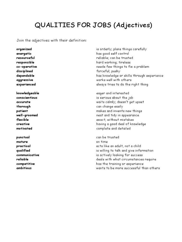 Essential Job Qualities and Adjectives | PDF | Psychology | Human Nature