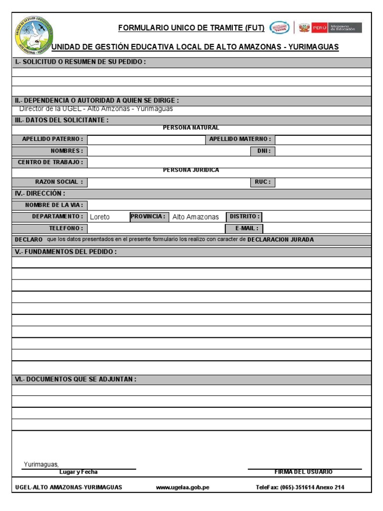 Formulario Único de Trámite UGEL Yurimaguas | PDF