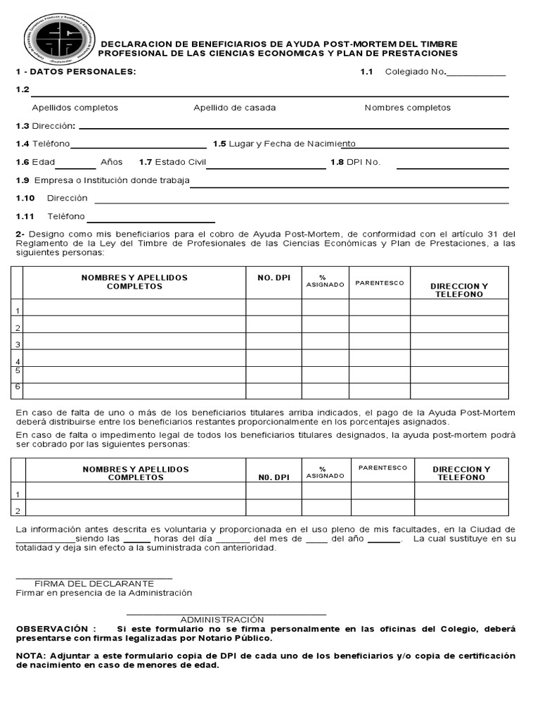 Formulario declaraci n de beneficiarios pdf business