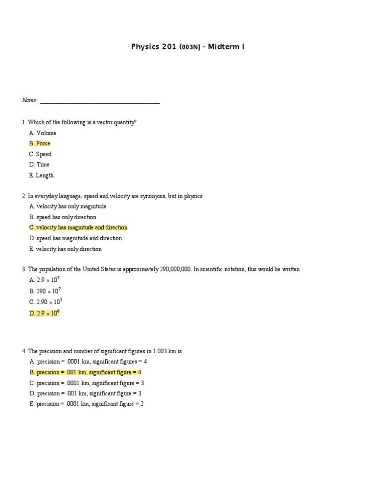 Physics 201 Midterm I Exam Questions | PDF | Velocity | Acceleration