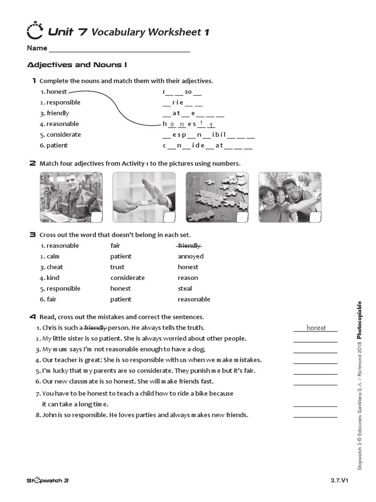 Vocabulary Worksheet: Unit 7 1 | PDF