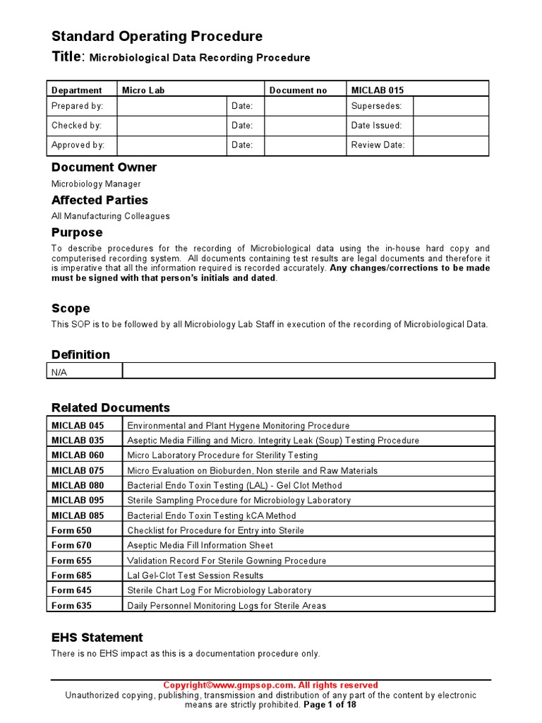 MICLAB015 Microbiological Data Recording Procedure Sample PDF