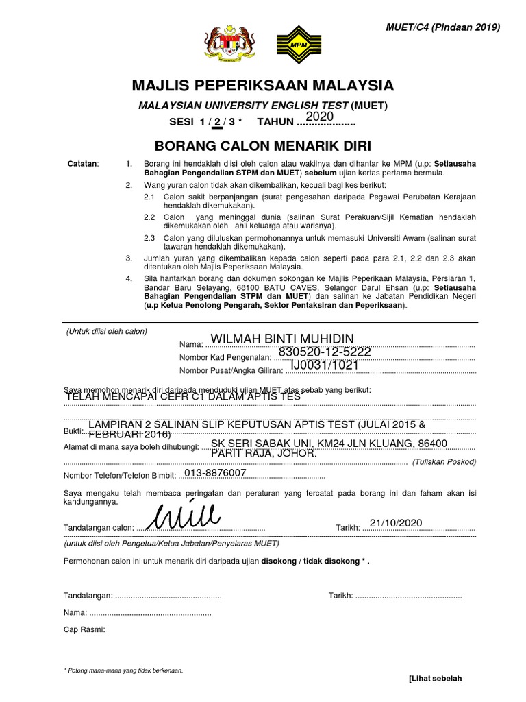 Muet C4 Pindaan 2019 Borang Tarik Diri Pdf