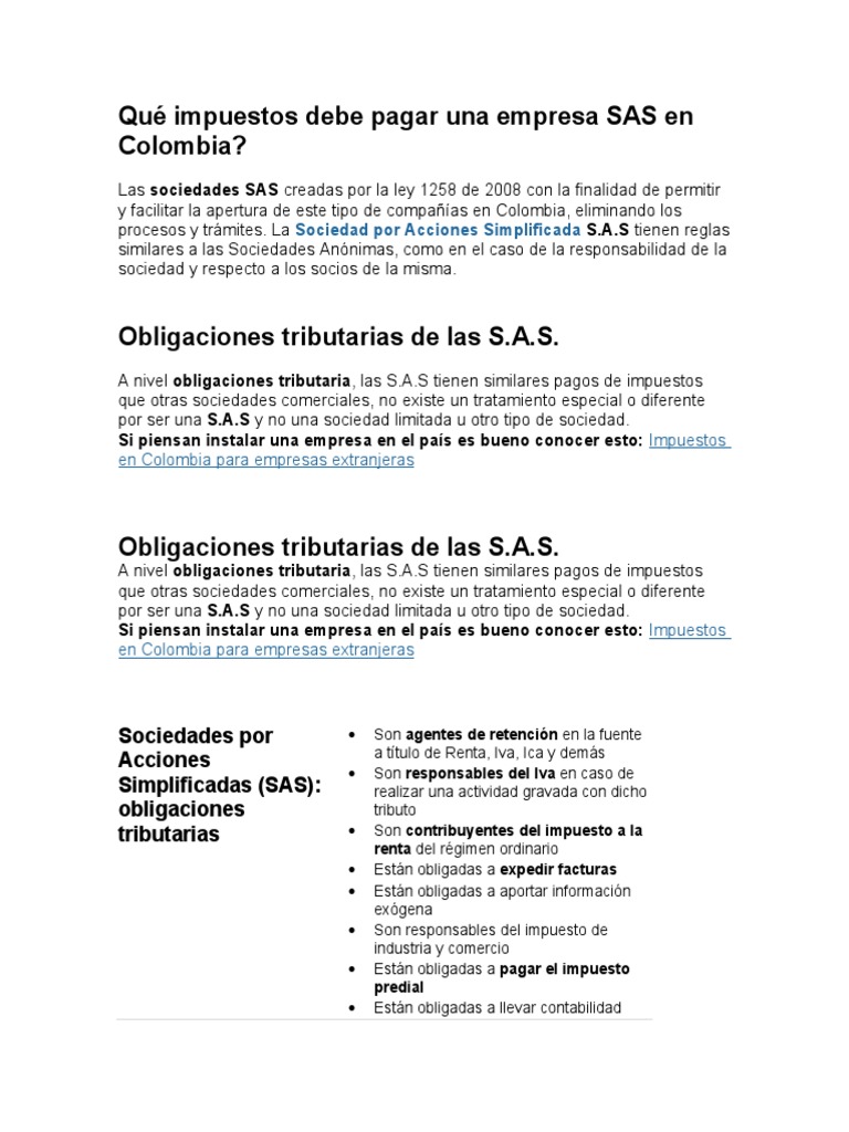 Impuestos y obligaciones de una SAS en Colombia | PDF | Conceptos ...