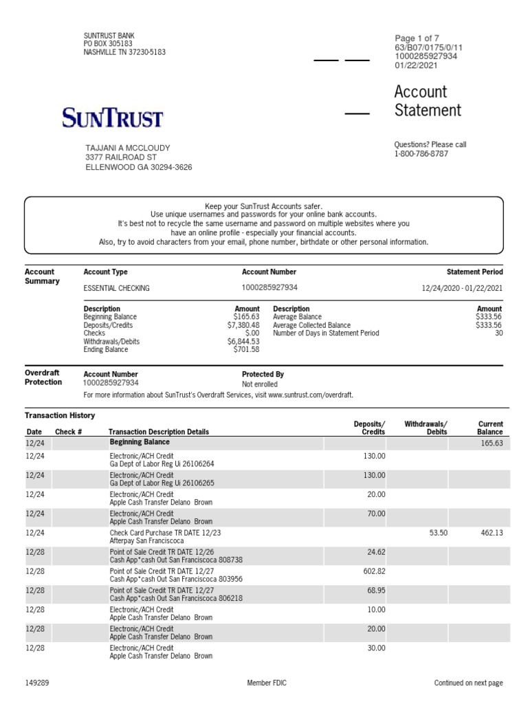 SunTrust Bank Statement Summary | PDF | Overdraft | Debit Card