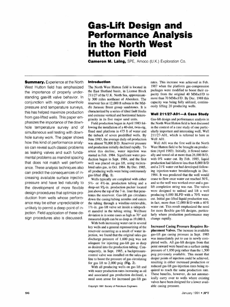 Gas Lift Design & Performance Analysis in The NW Hutton Field - JPT Jan ...