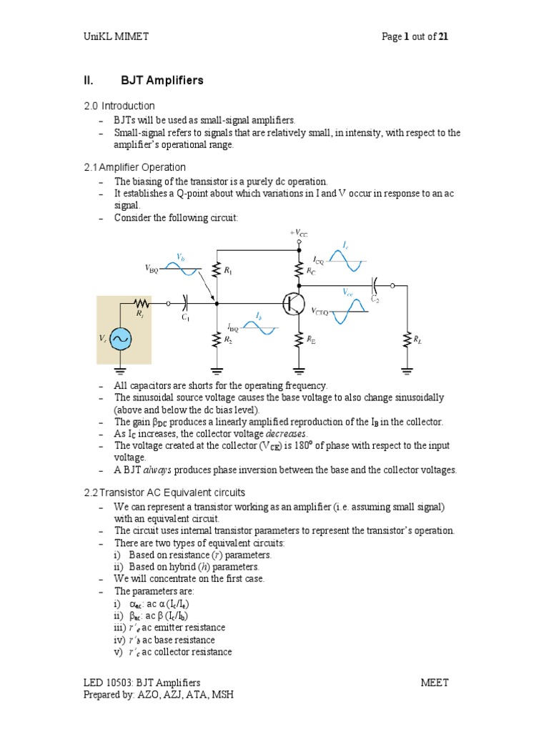 chp4 BJT AMPLIFIER NOTES PDF Amplifier Bipolar Junction