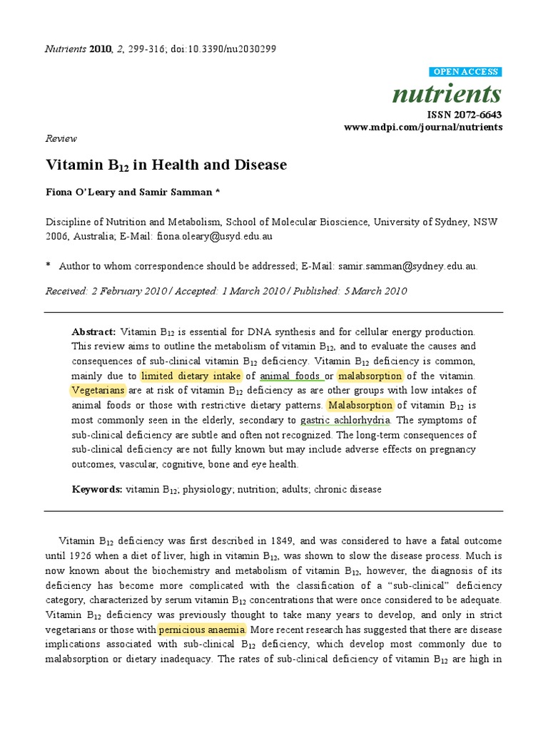 Nutrients Vitamin B in Health and Disease PDF Vitamin B12