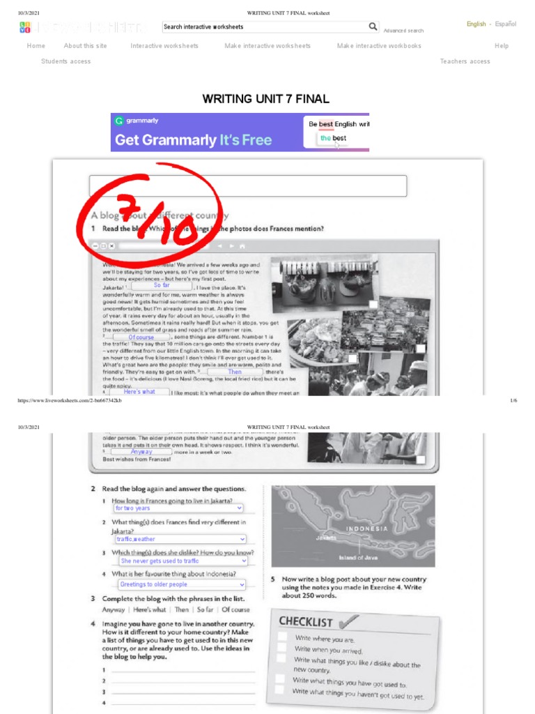 WRITING UNIT 7 FINAL Worksheet PDF Worksheet Business