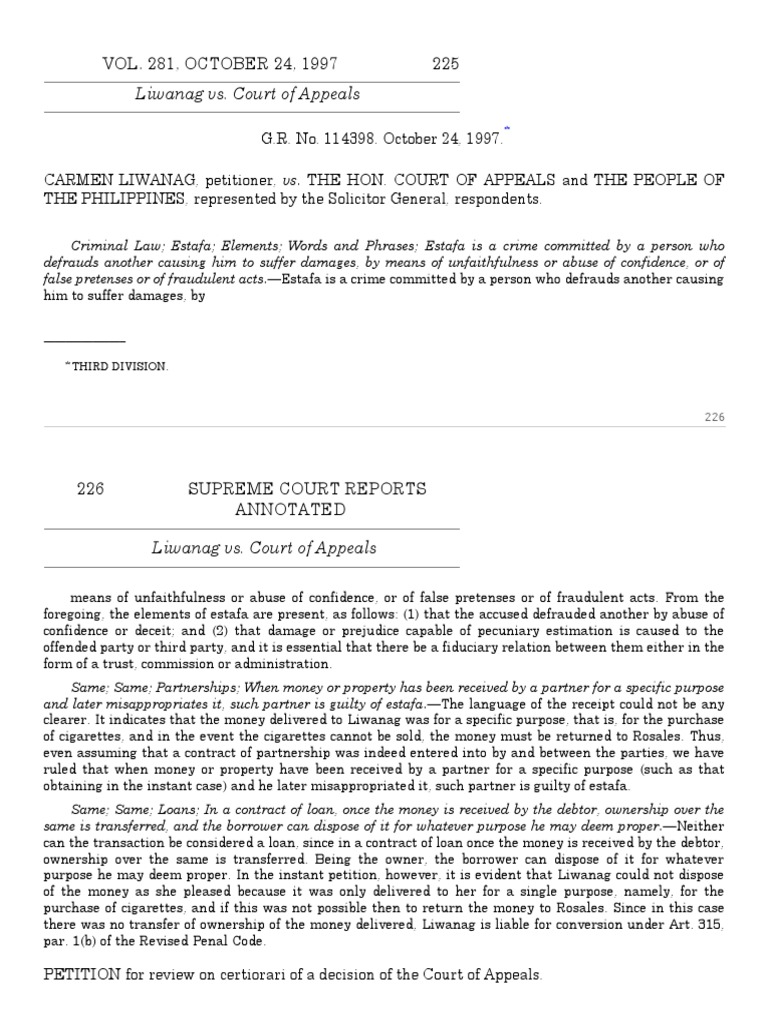 Liwanag vs. Court of Appeals: Estafa Case | PDF | Fraud | Reasonable Doubt