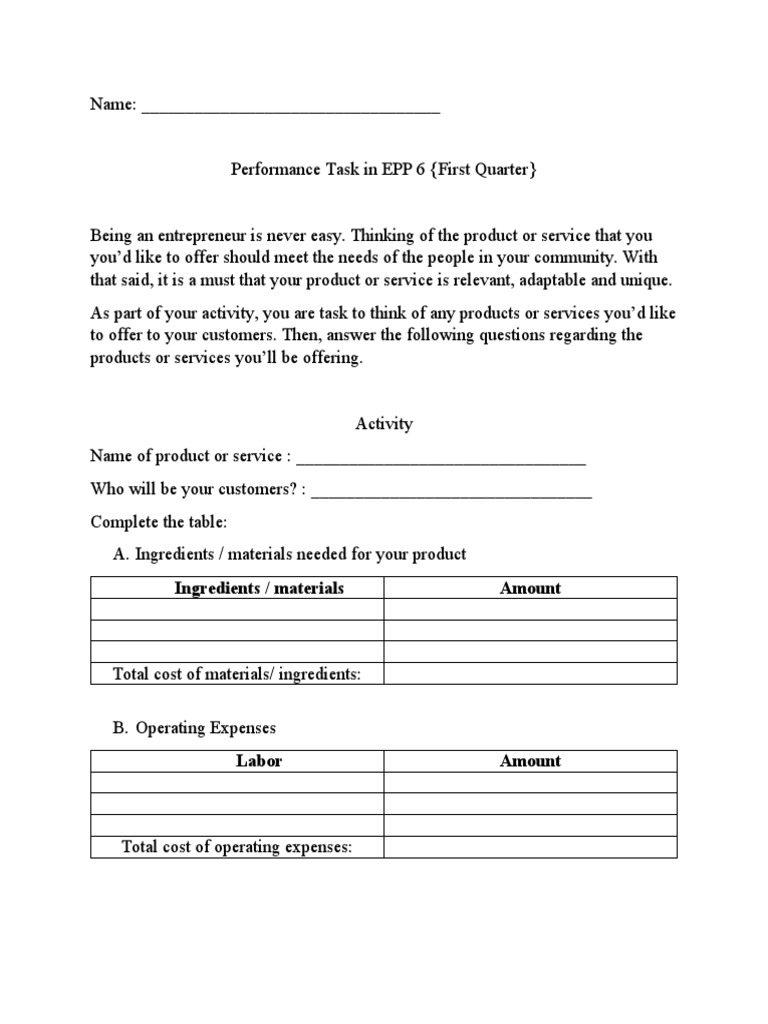 EPP 6 First Quarter Performance Task | PDF | Business
