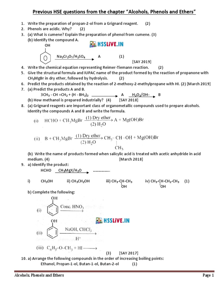 Important Questions on Alcohols, Phenols, Ethers | PDF | Ether | Alcohol
