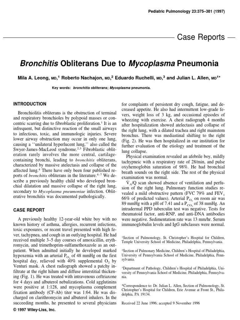 Bronchitis Obliterans Due To Mycoplasma Pneumonia PDF Bronchitis Lung