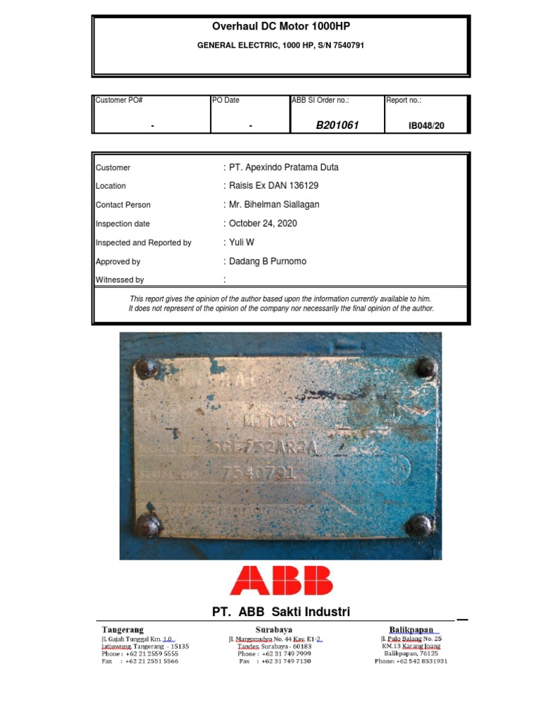 Overhaul Report for 1000HP DC Motor | PDF | Electric Motor | Electric ...