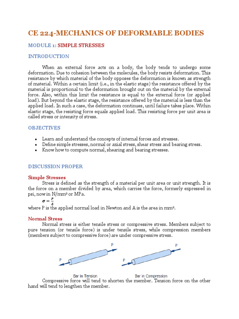 Mechanics of Deformable Bodies Module 1 | PDF | Stress (Mechanics ...