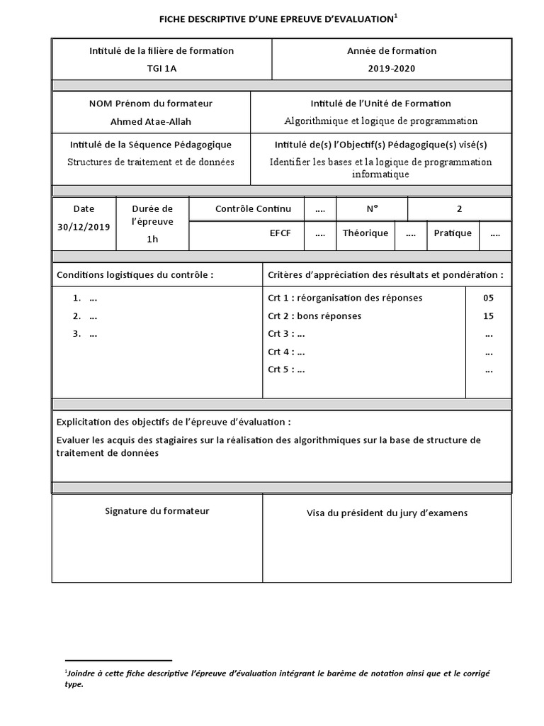 Fiche descriptive épreuve d'évaluation | PDF | Méthodes et références ...