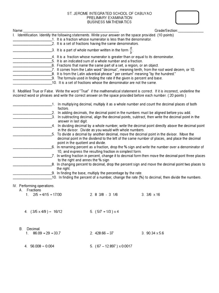 Grade 8 Business Math Exam Guide | PDF | Factorization | Rational Number