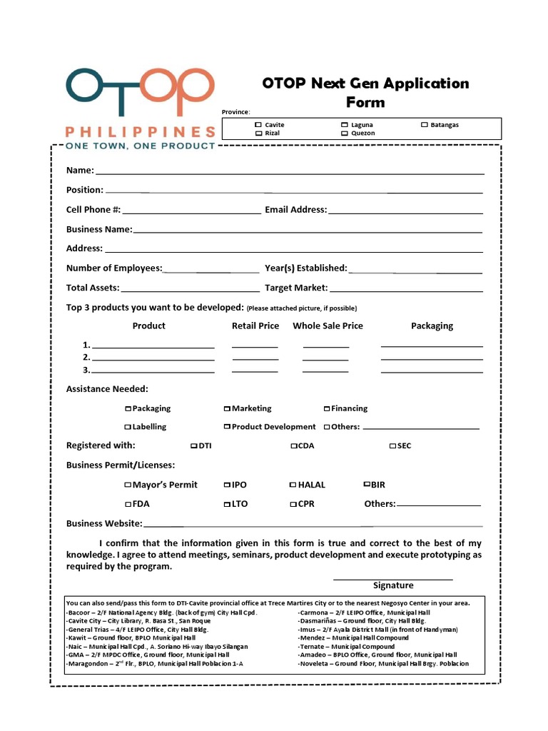 OTOP Next Gen Application Form | PDF | Market (Economics) | Business