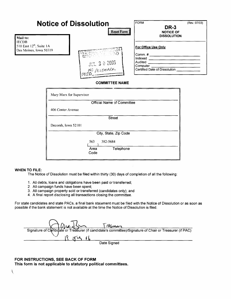 Notice of Dissolution: Mail To: Iecdb 510 East 12'h, Suite 1 A Des ...