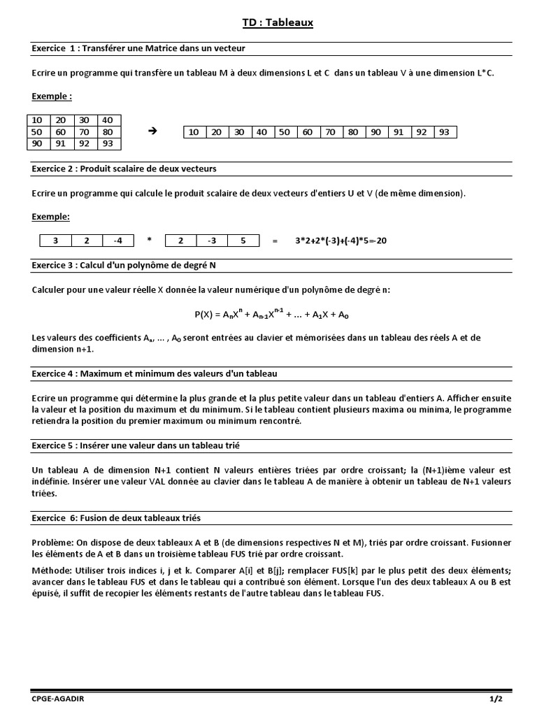 Exercices de programmation en matrices et vecteurs | PDF | Scalaire ...