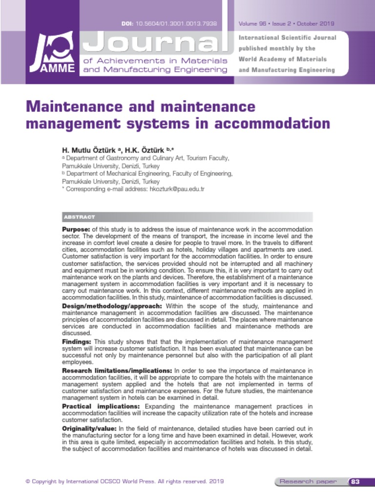 Maintenance and Maintenance Management Systems in Accommodation | PDF ...