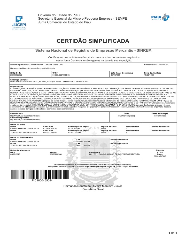 05 Certidão Simplificada Pdf Setores Econômicos Economias