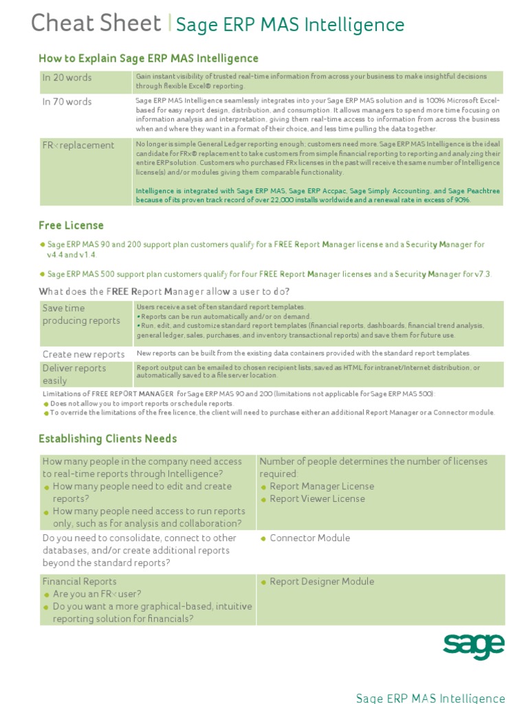 Sage Mas Intelligence Cheat Sheet Enterprise Resource Planning Microsoft Excel
