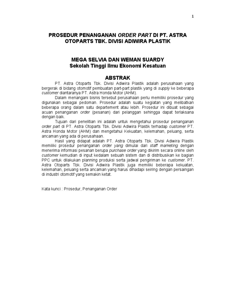 Prosedur Penanganan Order Part Di PT Ast 99248c96 | PDF