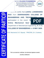 Certificate For LAKKU. LOKESWARA RAO For "QUIZANTHON - Online Mechanical Quiz"