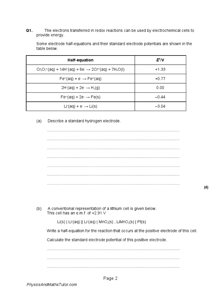 Electrode Potentials & Cells 4 QP PDF Redox Chemical Reactions