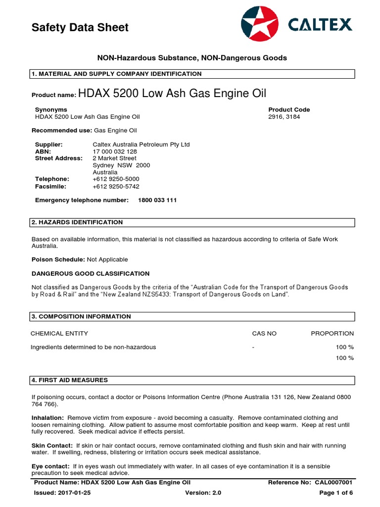 HDAX 5200 Low Ash Gas Engine OilSDS PDF Dangerous Goods Toxicity