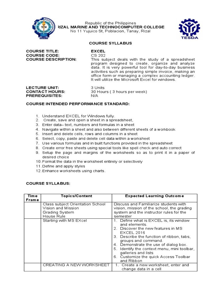 Excel Course Syllabus CS 202 | PDF | Microsoft Excel | Worksheet