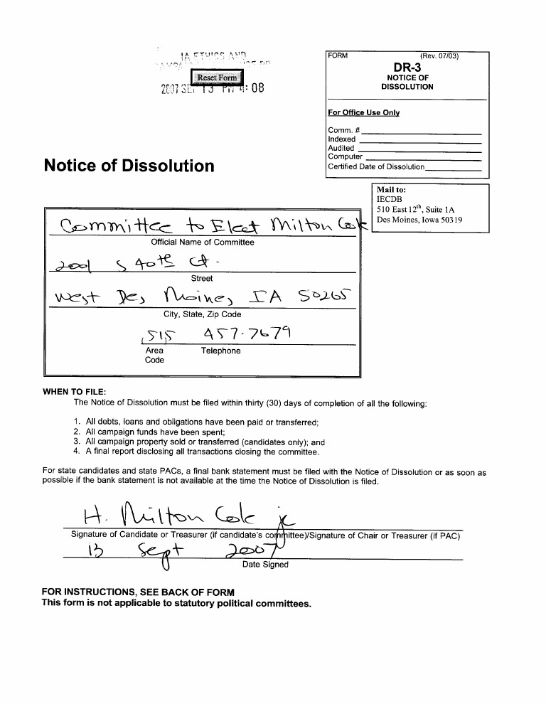Iowa Notice of Dissolution Form | PDF | Political Action Committee ...