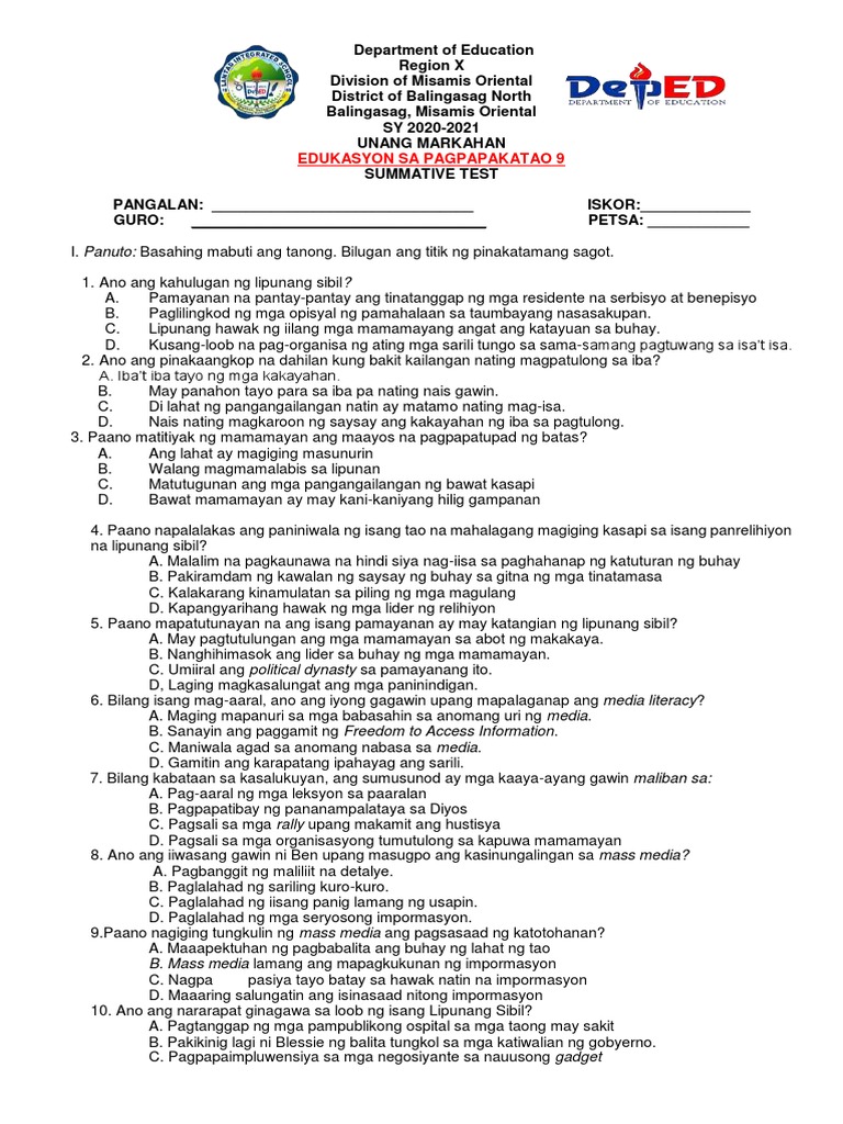 Assessment ESP 9 | PDF