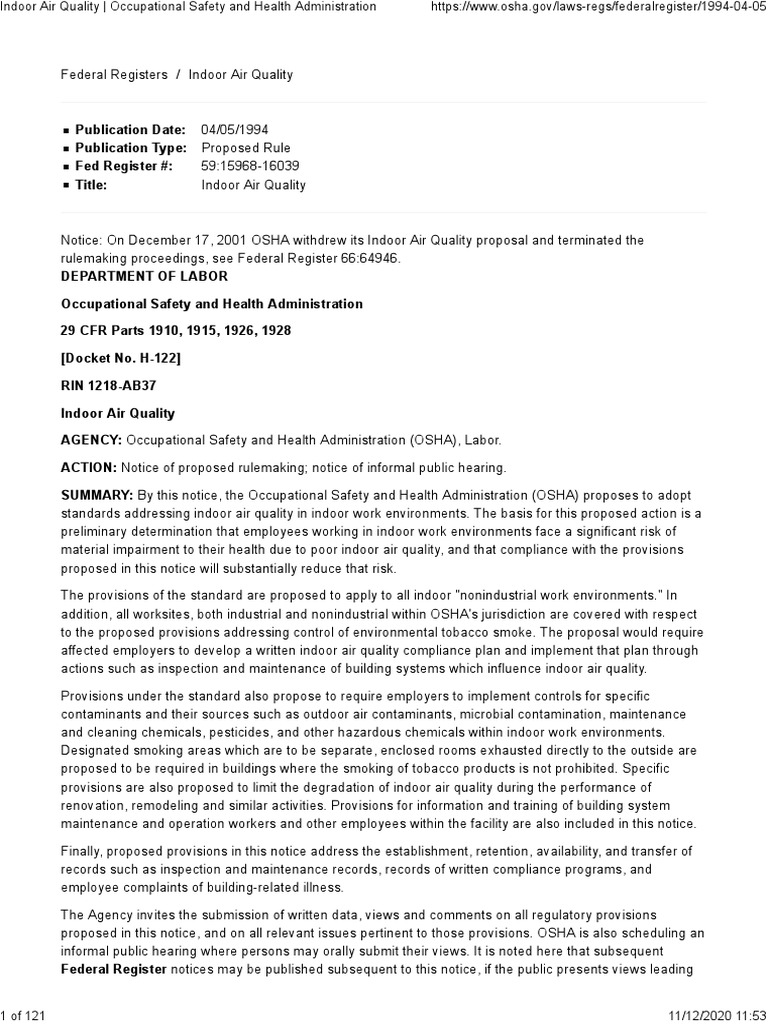 OSHA Proposed Rule on Indoor Air Quality | PDF | Occupational Safety ...