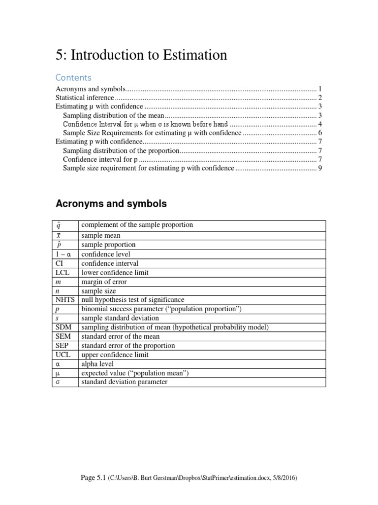 5: Introduction To Estimation: Acronyms and Symbols | PDF | Confidence ...