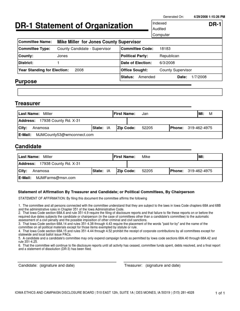Mike Miller Campaign Organization Statement | PDF | Iowa | Political ...