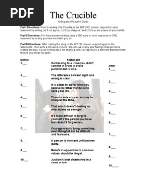 The Crucible Anticipation Reaction Guide Virtue Crime Violence