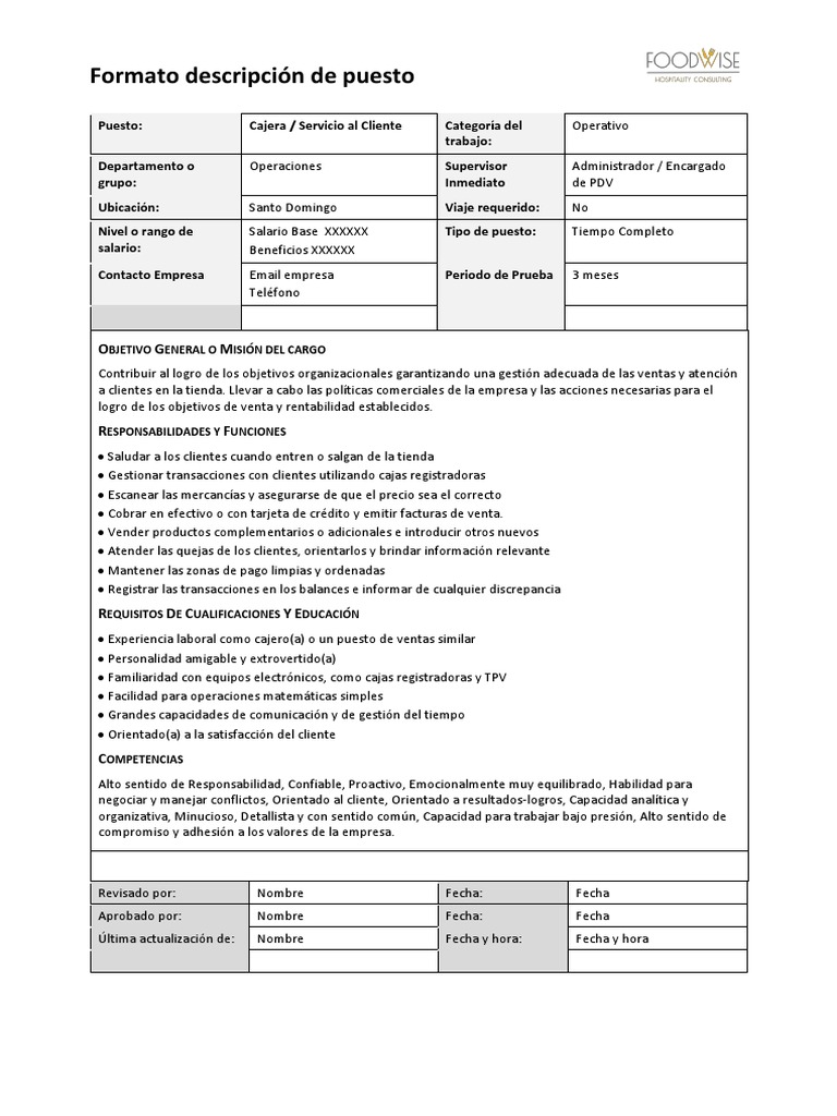 Descripción del Puesto de Cajera | PDF | Servicio al Cliente | Empresas