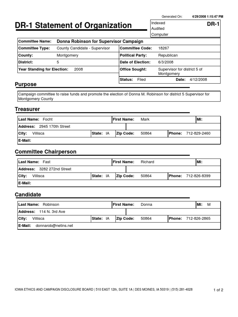 Donna Robinson Campaign Organization Form | PDF | Political Action ...